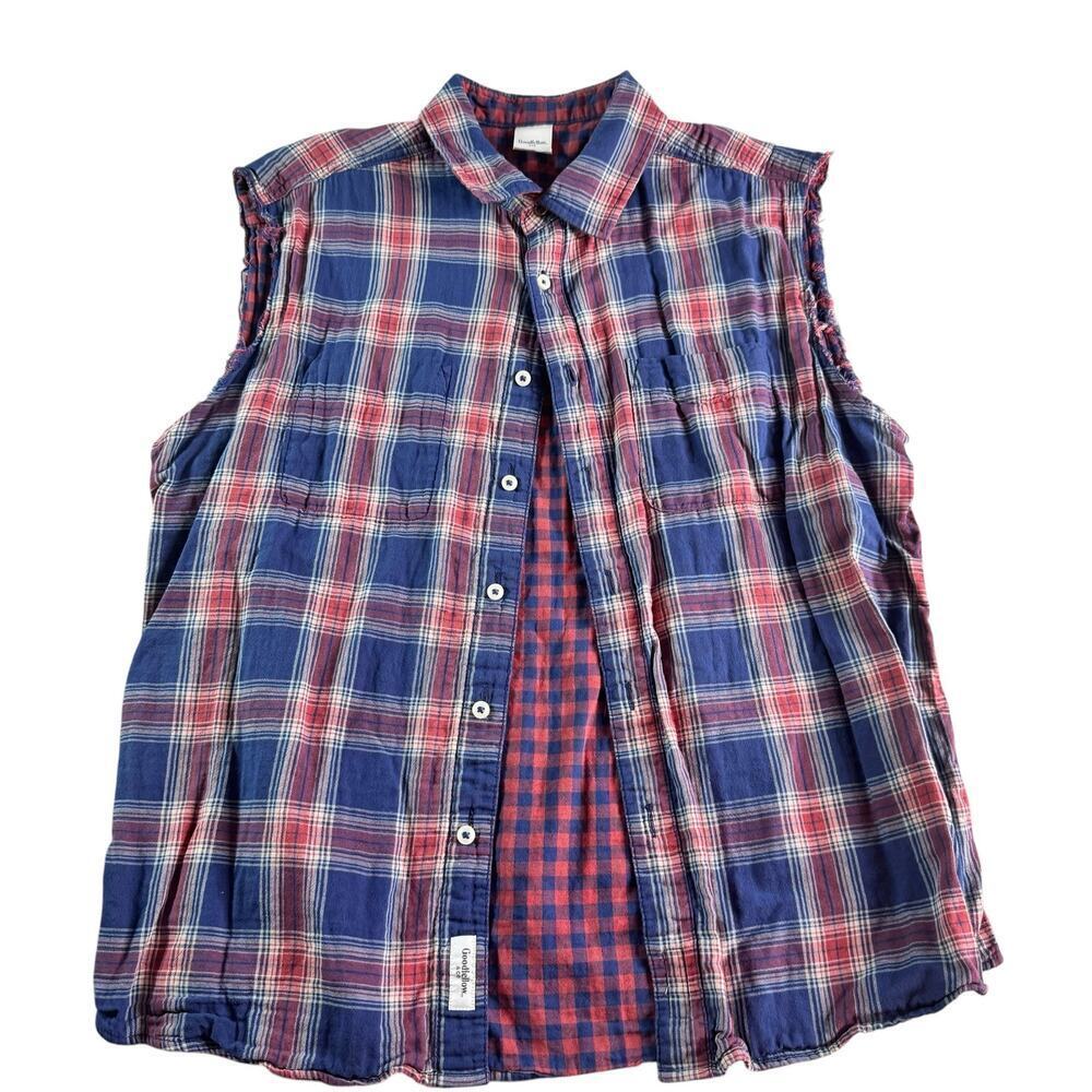 Mens Cutoff Flannel Shirt Large Red Blue Plaid Sleeveless Reversible Festival